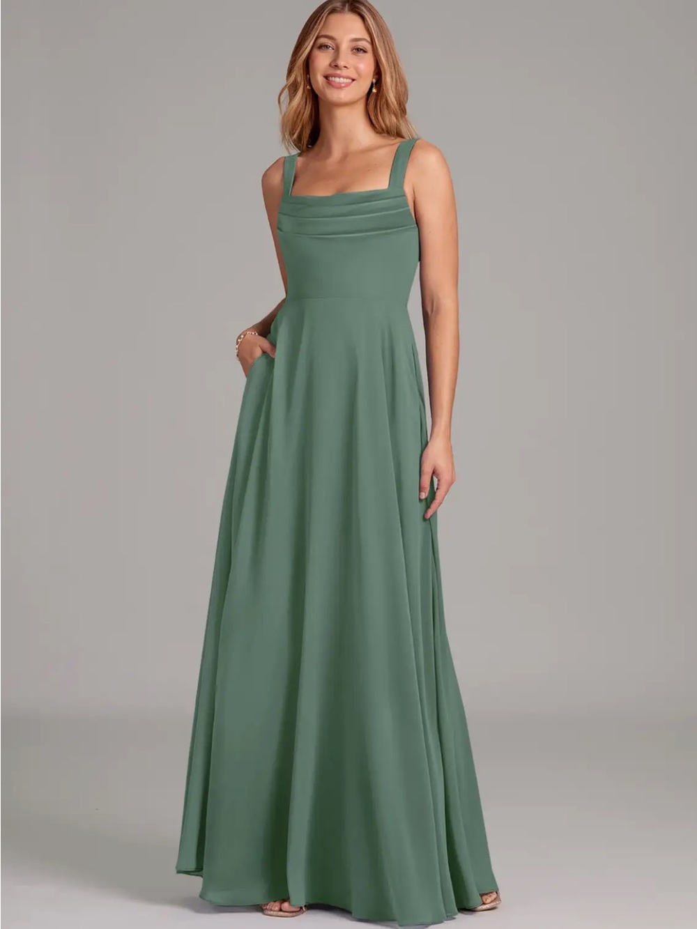 Azazie Shaude Eucalyptus A-Line Pleated Chiffon Dress